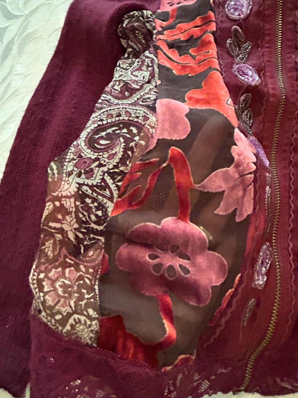 Burgundy Burn Out Velvet Lace Embellished Zip Cardigan Jacket Sz S | Fall 2026 - Picture 4 of 5